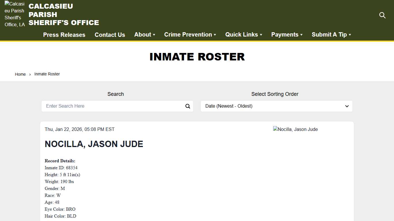 Inmate Roster Calcasieu Parish Sheriff's Office, LA